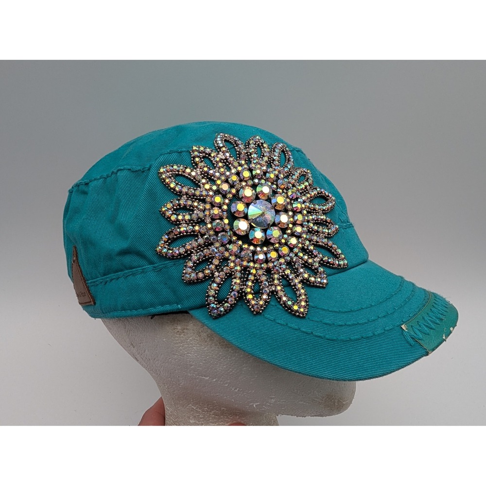 Olive & Pique Teal Cadet Hat Rhinestone Flower Distressed Military Cap